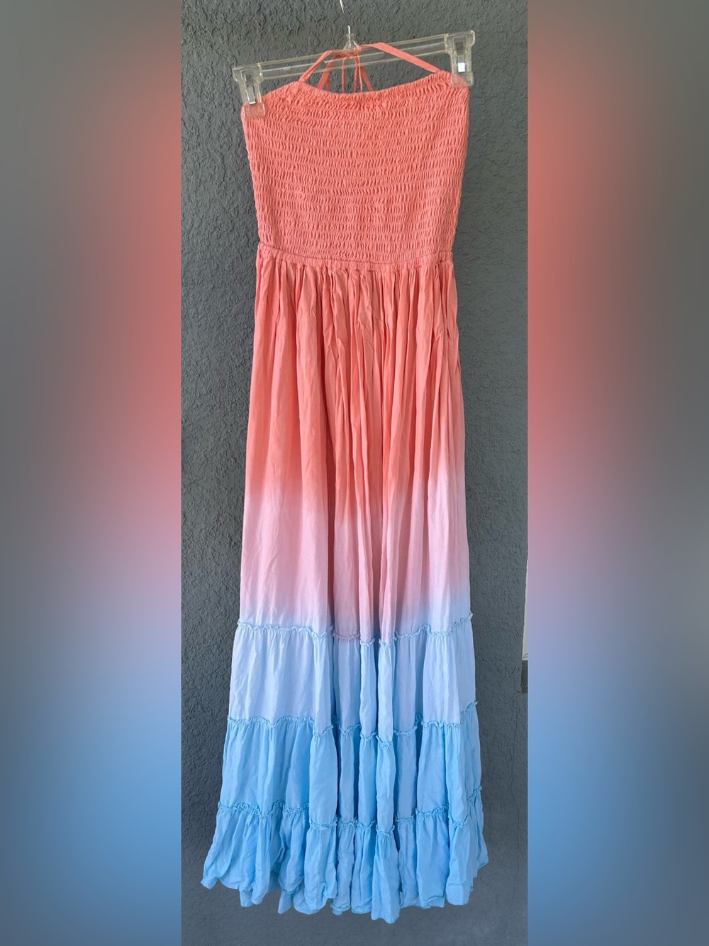 Tiare Hawaii Ombre Maxi Dress Smocked Halter Backless Boho Tassel Beach Size S/M